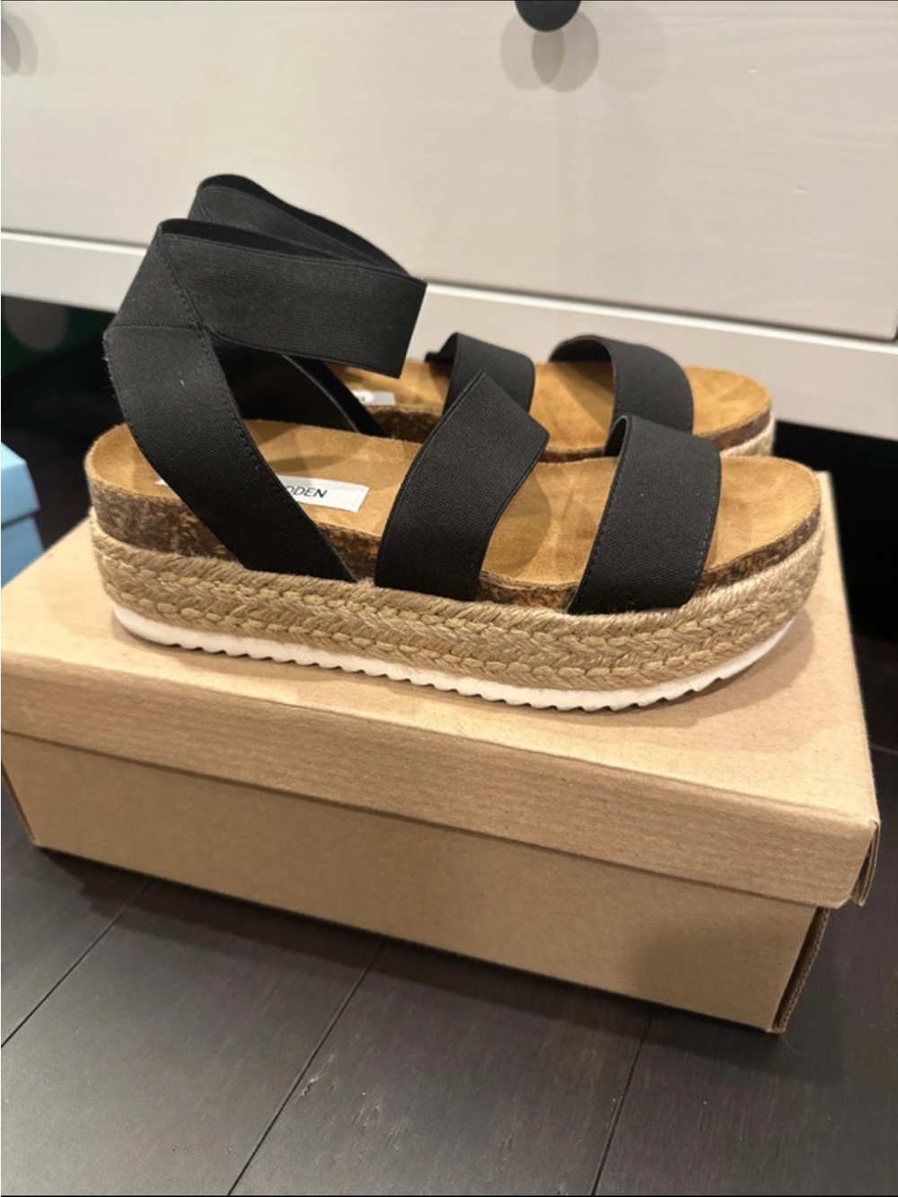 Steve Madden Black Elastic Strap Espadrille Platform Sandals